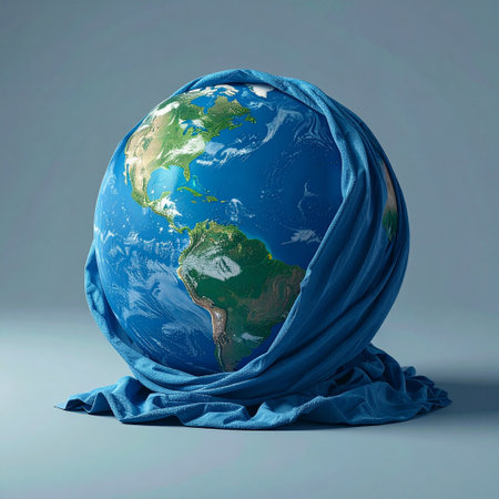 Planet Earth wrapped in a blue cloth on a gray background. 3d renderの素材