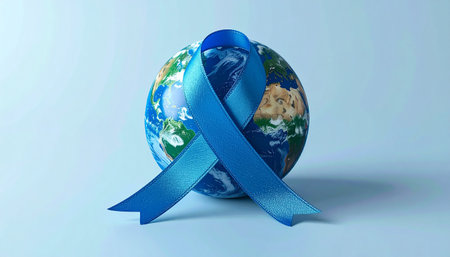 World cancer day concept with earth globe and ribbon on blue background.の素材