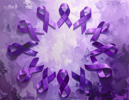 Purple ribbons on a purple background. Aids Awareness.の素材