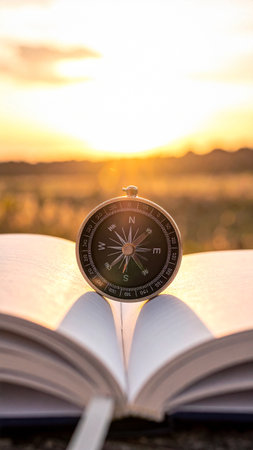 Compass on open book in the field at sunset, travel conceptの素材