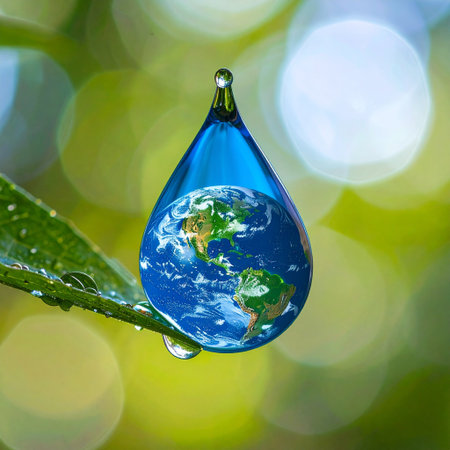Drop of water with world map on green grass background. Global warming concept.の素材
