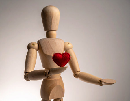 Wooden mannequin with a red heart on a white backgroundの素材