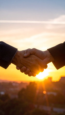 Close-up of business people shaking hands over sunset sky background.の素材