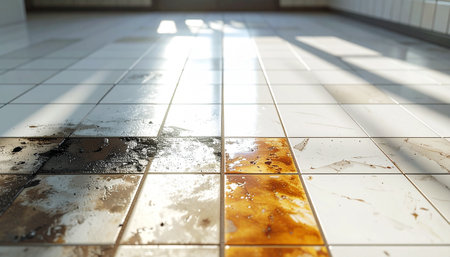 Broken ceramic tile floor in an abandoned building. 3d renderingの素材