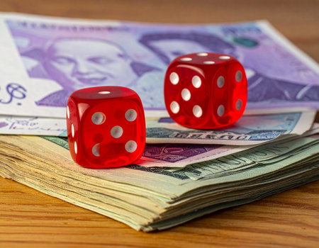 Dice and money on a wooden table. The concept of gamblingの素材