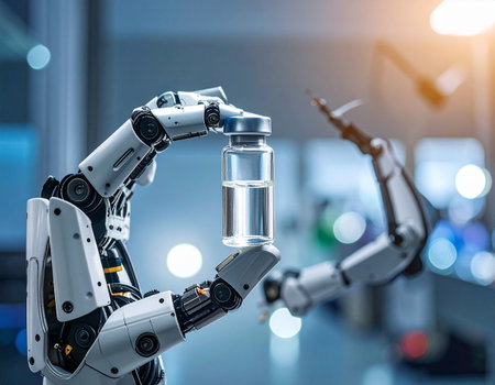 3d rendering robot hand holding ampoule with vaccine on blurred backgroundの素材