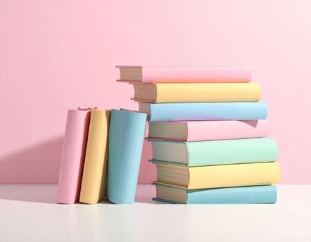 Stack of colorful books on white table against pink background, closeupの素材