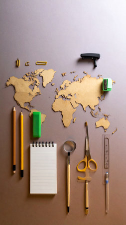 School supplies and world map on brown background. Back to school conceptの素材