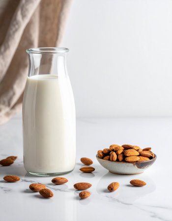 Almond milk in a glass bottle with almonds on white marble backgroundの素材