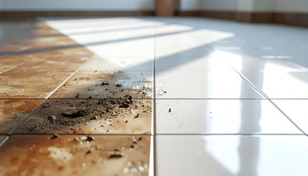 Broken ceramic tile floor with sunlight and shadow on the floor.の素材
