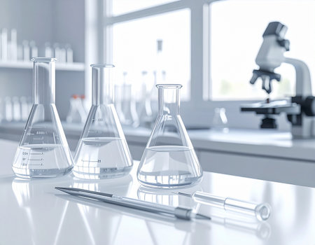 Laboratory glassware, science research and development concept. 3D renderingの素材