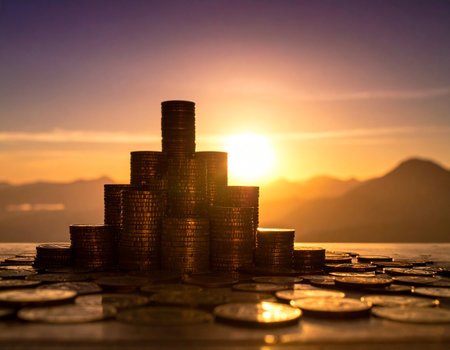 Coins stack on the table with sunset background. Business and finance concept.の素材