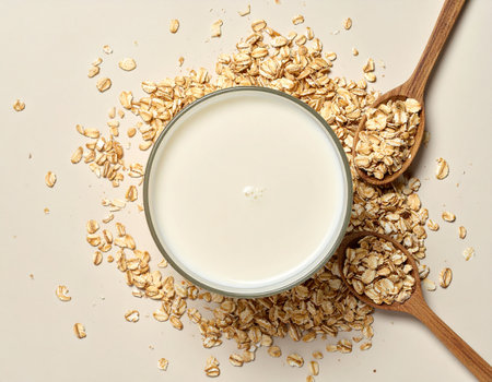 Glass of milk and oat flakes on light background, top viewの素材