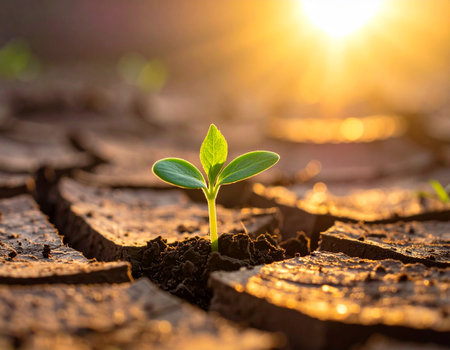 Green seedling growing from crack soil in the morning sunlight. Concept of new life.の素材