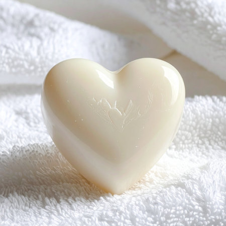 Heart shaped soap on white towel, closeup. Space for textの素材