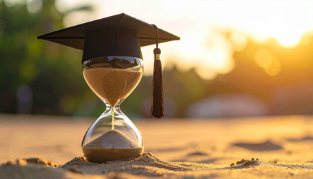 Hourglass with Graduation cap on sand beach. Time passing conceptの素材