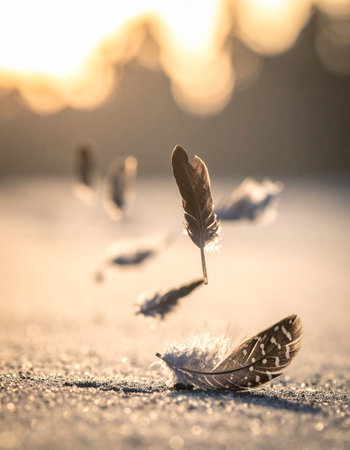 Feathers in the snow on the background of the setting sunの素材