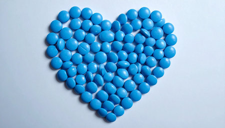 Blue pills in the shape of a heart on a white background.の素材