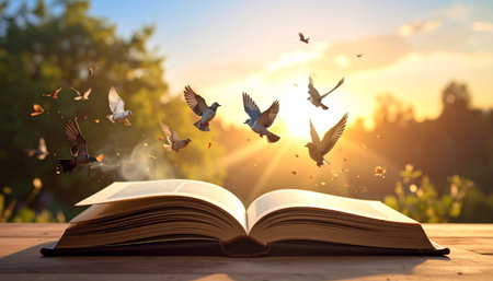 Open book with flying birds on the background of nature and sunset.の素材