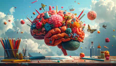 Human brain with school supplies on wooden table. Back to school conceptの素材