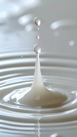 Falling drops of milk. Splash effect after collision a falling drops with water Surfaceの素材