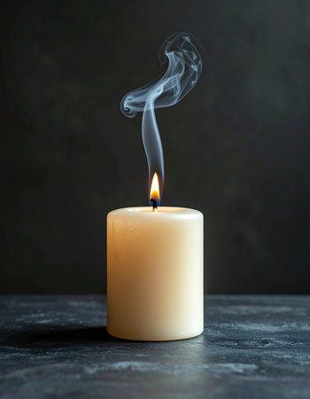 Burning candle with smoke on dark background. Shallow depth of fieldの素材