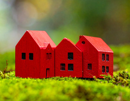 Miniature red houses on green moss in forest. Real estate conceptの素材