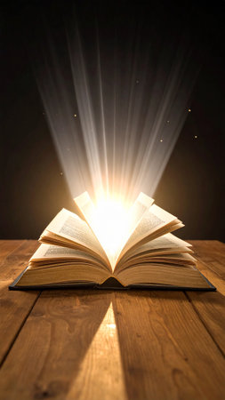 Open book with rays of light on wooden table and black background.の素材