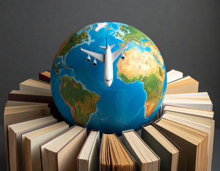 Globe with airplane and books on grey background. Travel concept.の素材