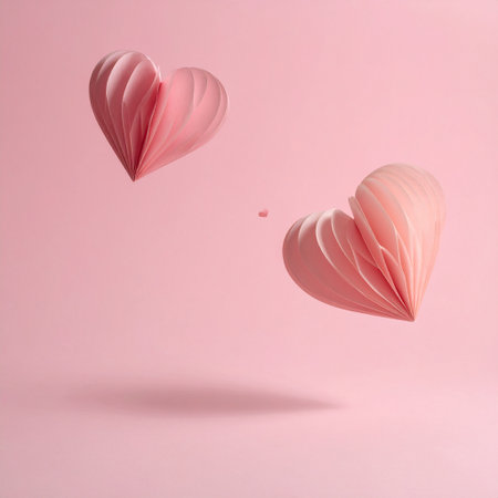 Paper hearts on pink background. Minimal love concept. 3D Renderingの素材