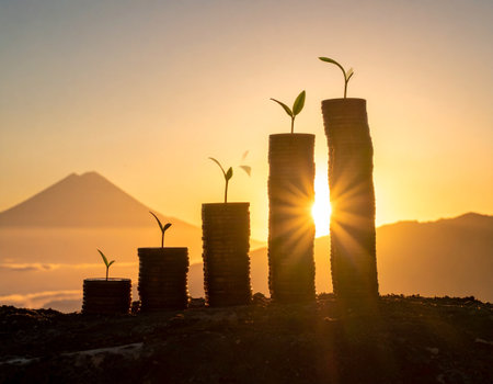 Stack of coins and plant on top of the mountain at sunset.の素材