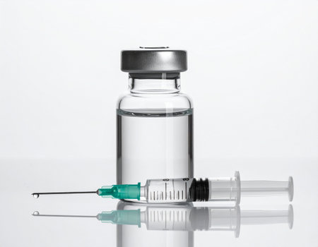 Vaccine bottle and syringe on white background. Isolatedの素材