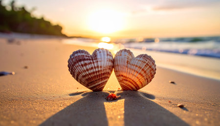 Sea shells on the beach at sunset. Summer vacation and travel conceptの素材