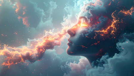 Face of a young woman in the clouds. 3D illustration.の素材