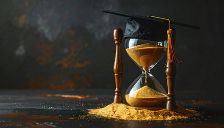 Hourglass with graduation cap and sand on dark background. Concept of education.の素材