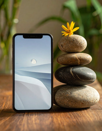 Smartphone with the image of the mountains and a yellow flower on a wooden tableの素材
