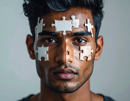 Portrait of a young Indian man with puzzle pieces on his faceの素材