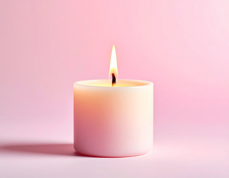 Burning candle on a pink background. Minimalistic design.の素材