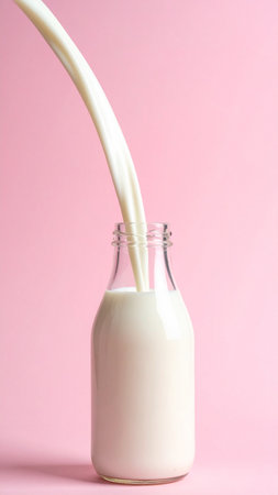 Milk in a glass bottle on a pink background. Vertical photo.の素材