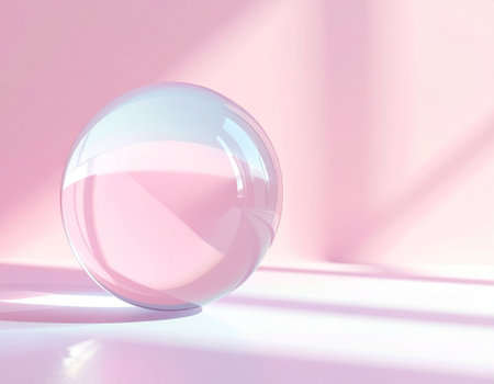 3d render of a transparent glass ball on a pink background.の素材