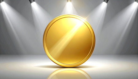 Round gold coin with spotlights on the stage. Vector illustration.の素材