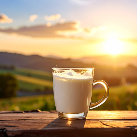 Cup of milk on a wooden table against the background of a beautiful sunsetの素材