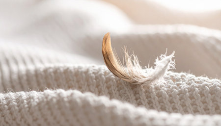 Feather on a white knitted background. Shallow depth of fieldの素材