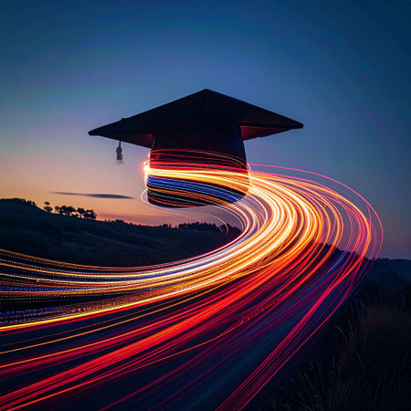 Graduation cap and long exposure of light trails on the road.の素材