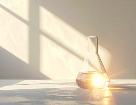Laboratory glassware on white table with sunlight. 3d renderの素材