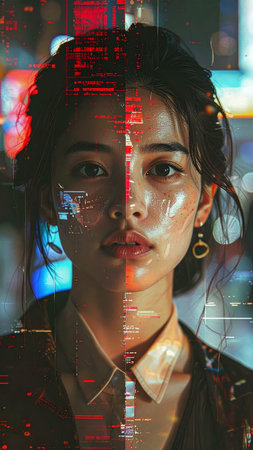 Portrait of a young beautiful asian woman in a night cityの素材