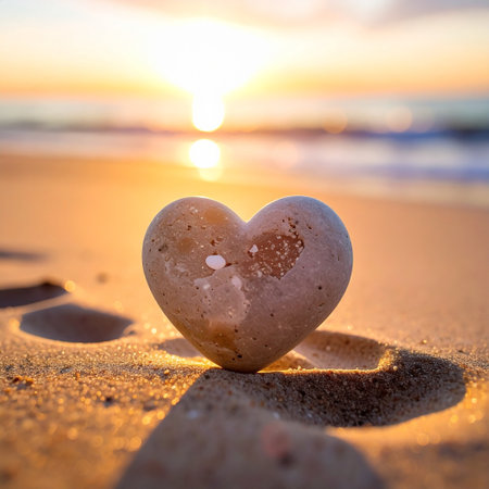 Heart shaped stone on the beach at sunset. Romantic background with copy spaceの素材