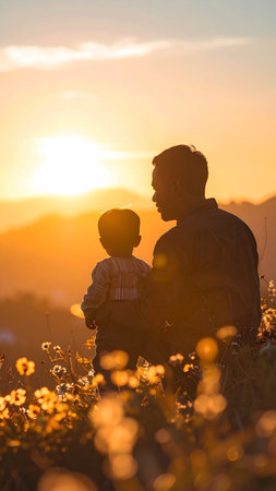 Father and son looking at the sunset in the mountains, fatherhood conceptの素材