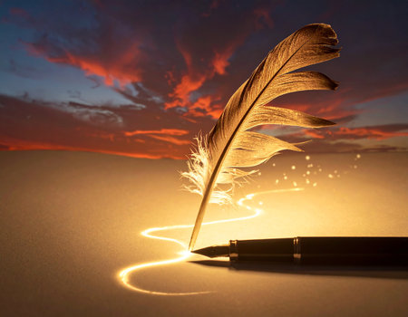 Feather pen and inkwell on sunset background. 3d renderingの素材