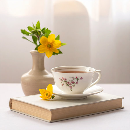 Cup of tea with yellow flowers and an open book on a light backgroundの素材